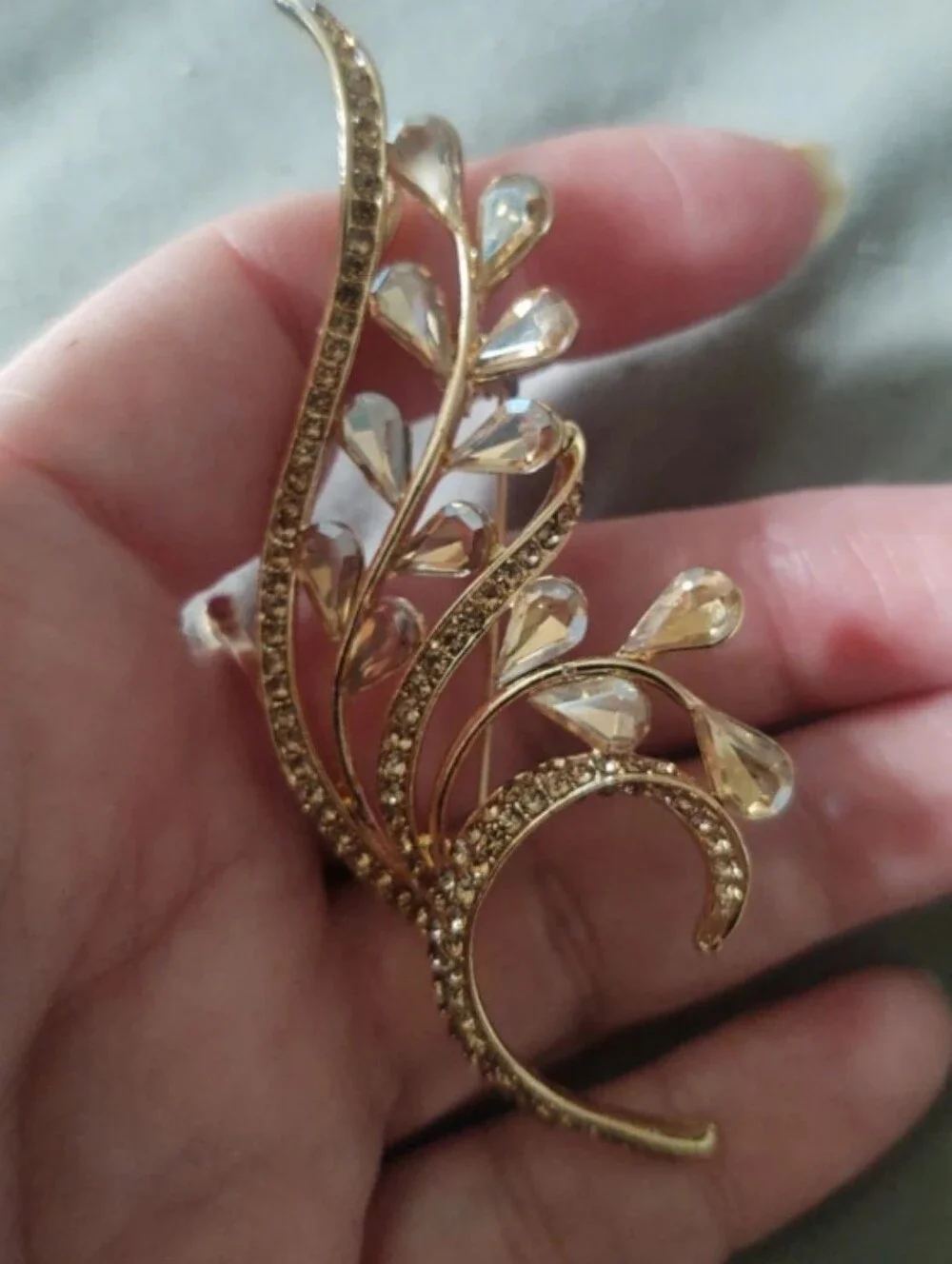 Champagne Rhinestone Leaf Brooch